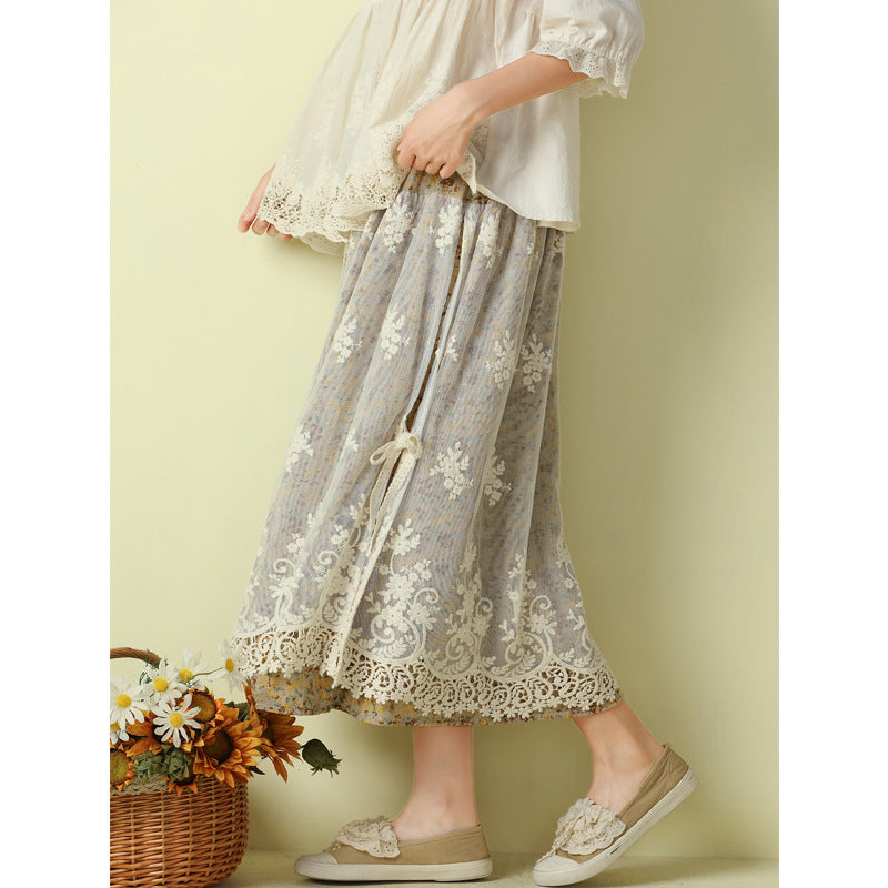 Cozy Linen Retro Floral Embroidery Lace Mesh Skirt