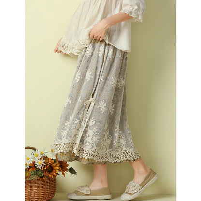 Cozy Linen Retro Floral Embroidery Lace Mesh Skirt