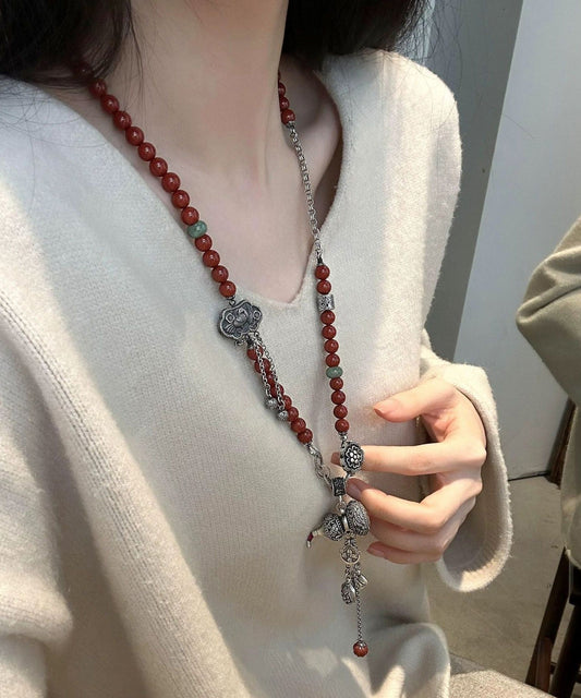 Vintage Colorblock Sterling Silver Gourd Ball Ruyi Lock Pendant Necklace
