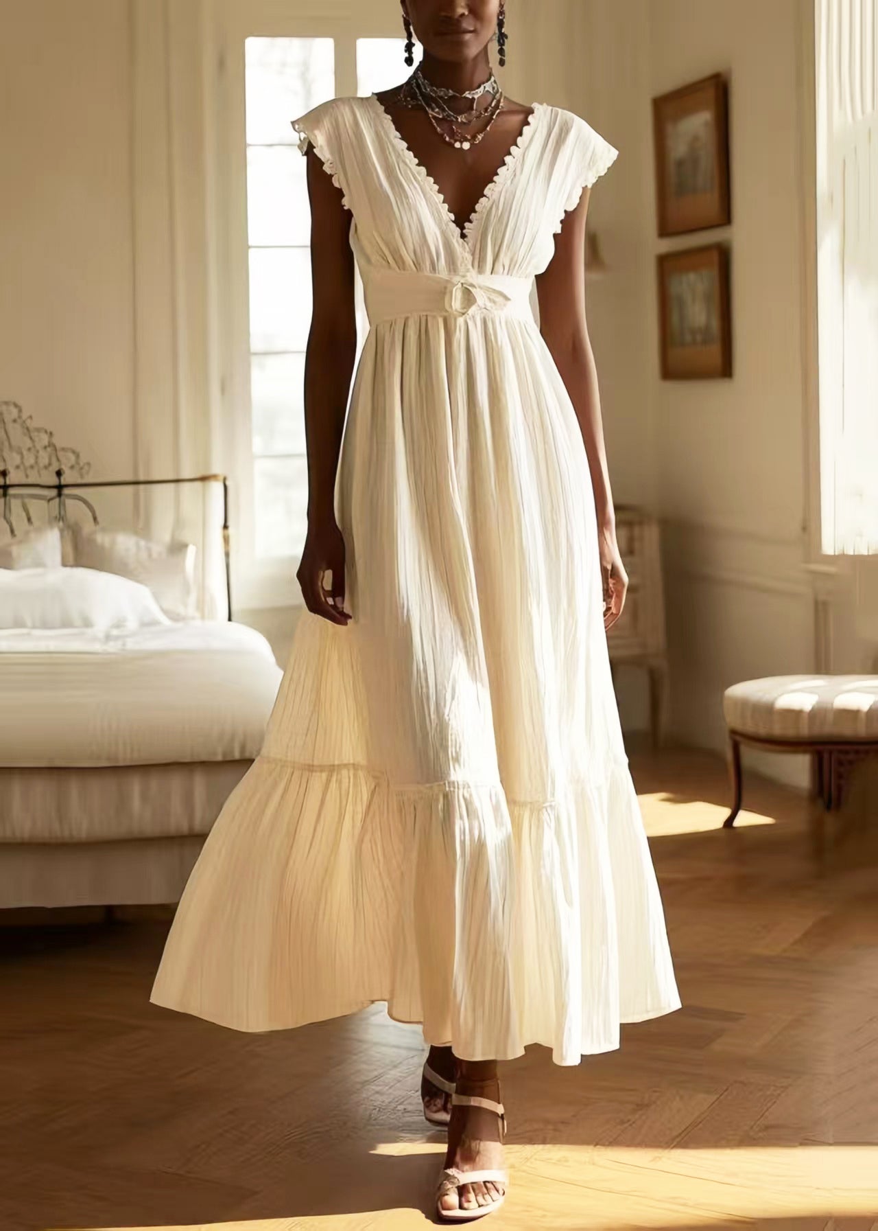 Women White V Neck Exra Large Hem Cotton Long Dress Sleeveless