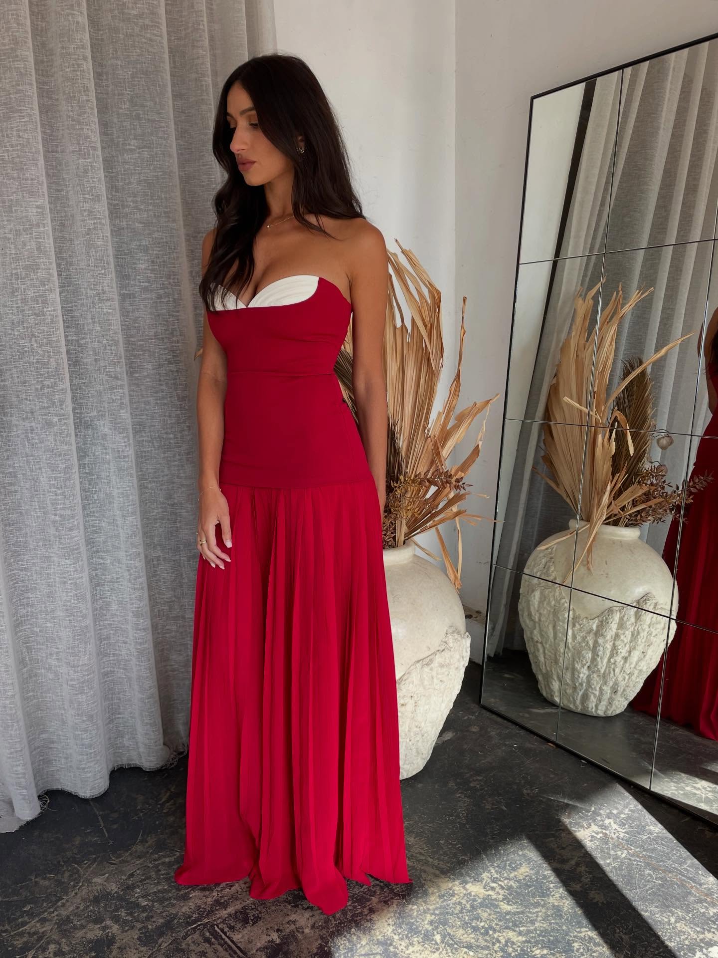 Sexy Contrast Color Bandeau One-Shoulder Stitching Dress
