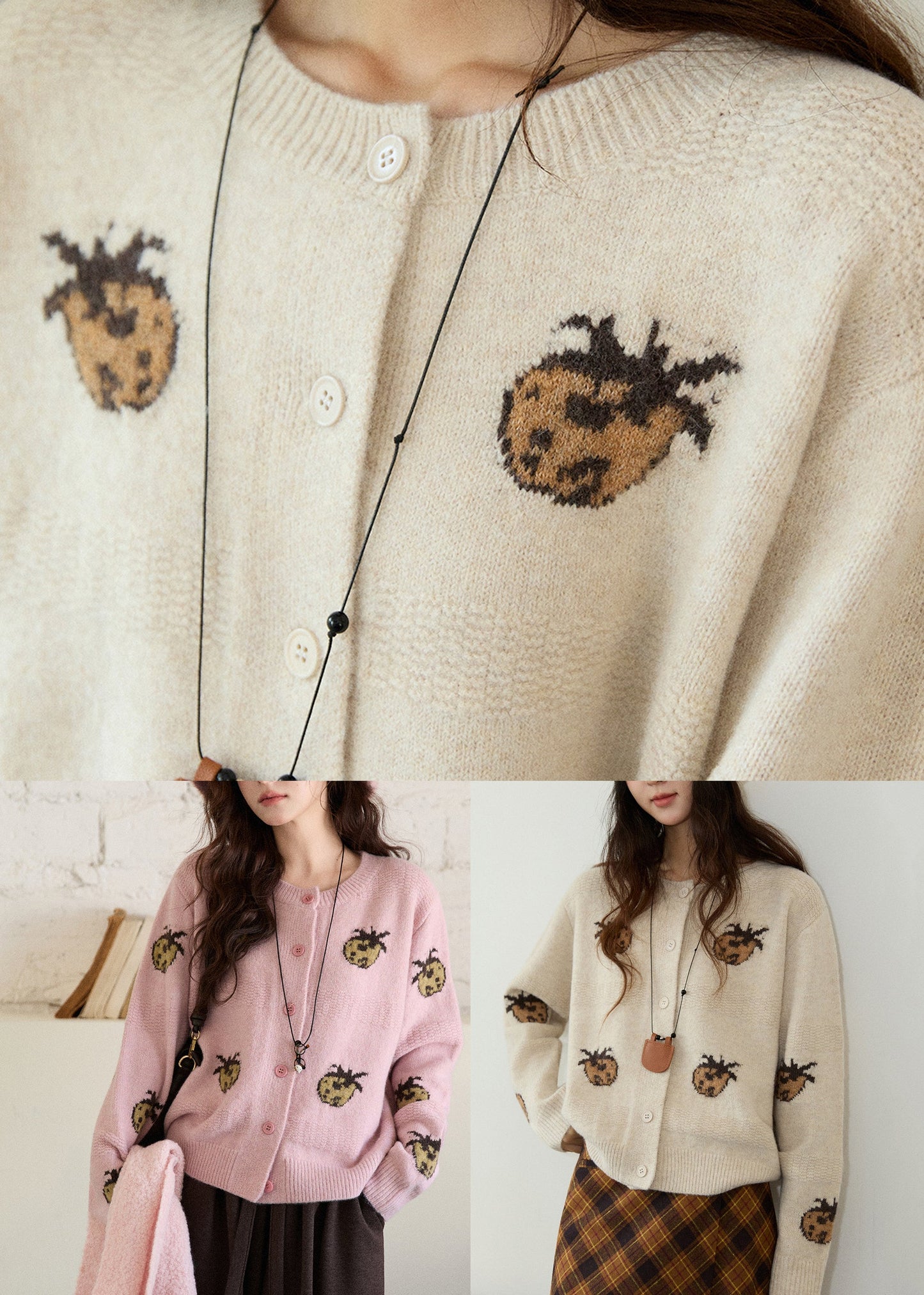 Pink O-Neck Patchwork Cotton Knit Cardigans Fall