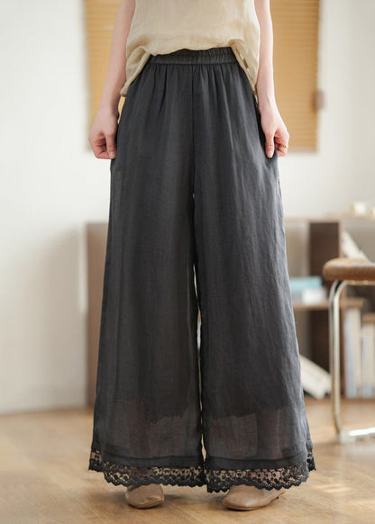 2025 New Black Lace Patchwork Elastic Waist Linen Wide Leg Pants Summer