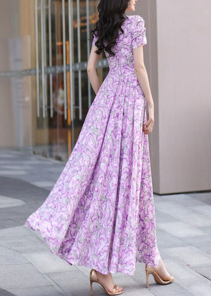 Elegant Purple V Neck Print Wrinkled Chiffon Dress Summer