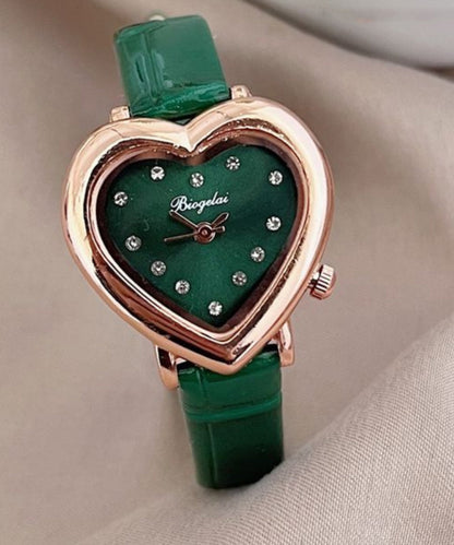 Original Design Green Leather Zircon Quartz Movement Love Watches