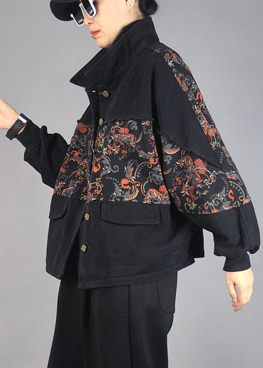 Vintage Black Oversized Patchwork Print Denim Jacket Spring