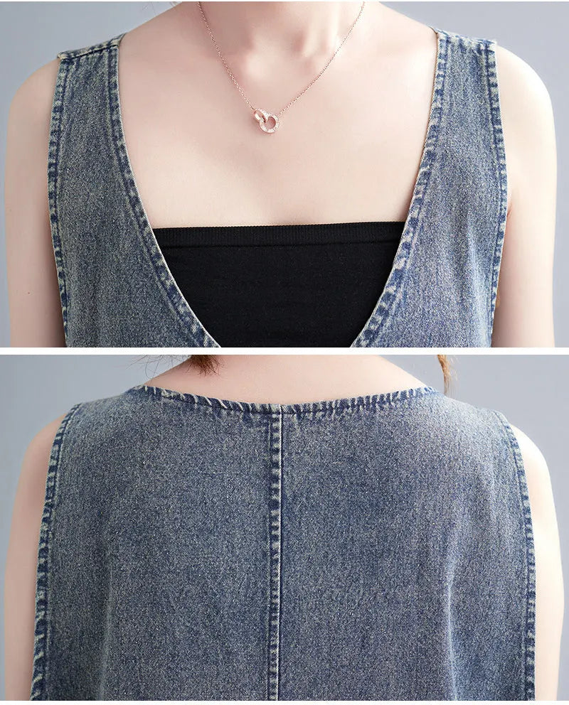 Vintage Literary Washed V-Neck Sleeveless Denim Dress
