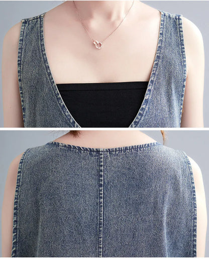 Vintage Literary Washed V-Neck Sleeveless Denim Dress