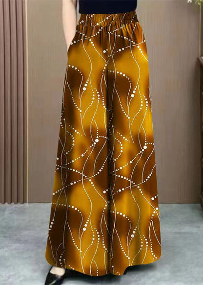 Casual Khaki Pockets Print Elastic Waist Ice Silk Pants Summer