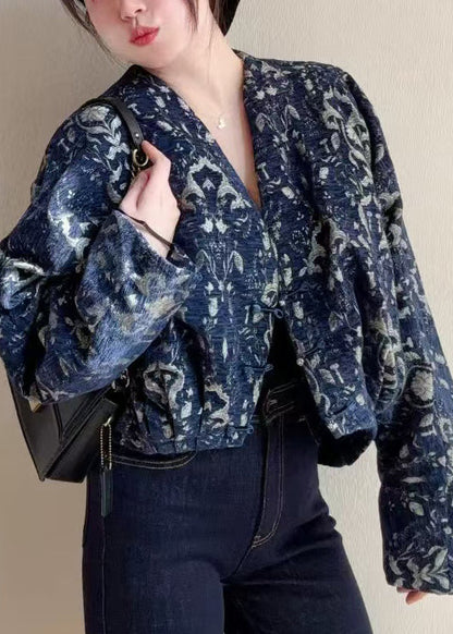 Bohemian Blue V Neck Button Print Cotton Short Coats Fall
