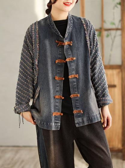 Women Spring Casual Patchwork Frog Burrs Denim Coat
