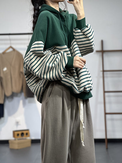 Contrast Stripe Fleece Drawstring Hooded Sweatshirt
