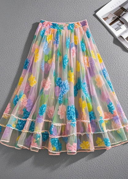 Bohemian Multicolor Floral Print Tulle Beach Skirt Summer