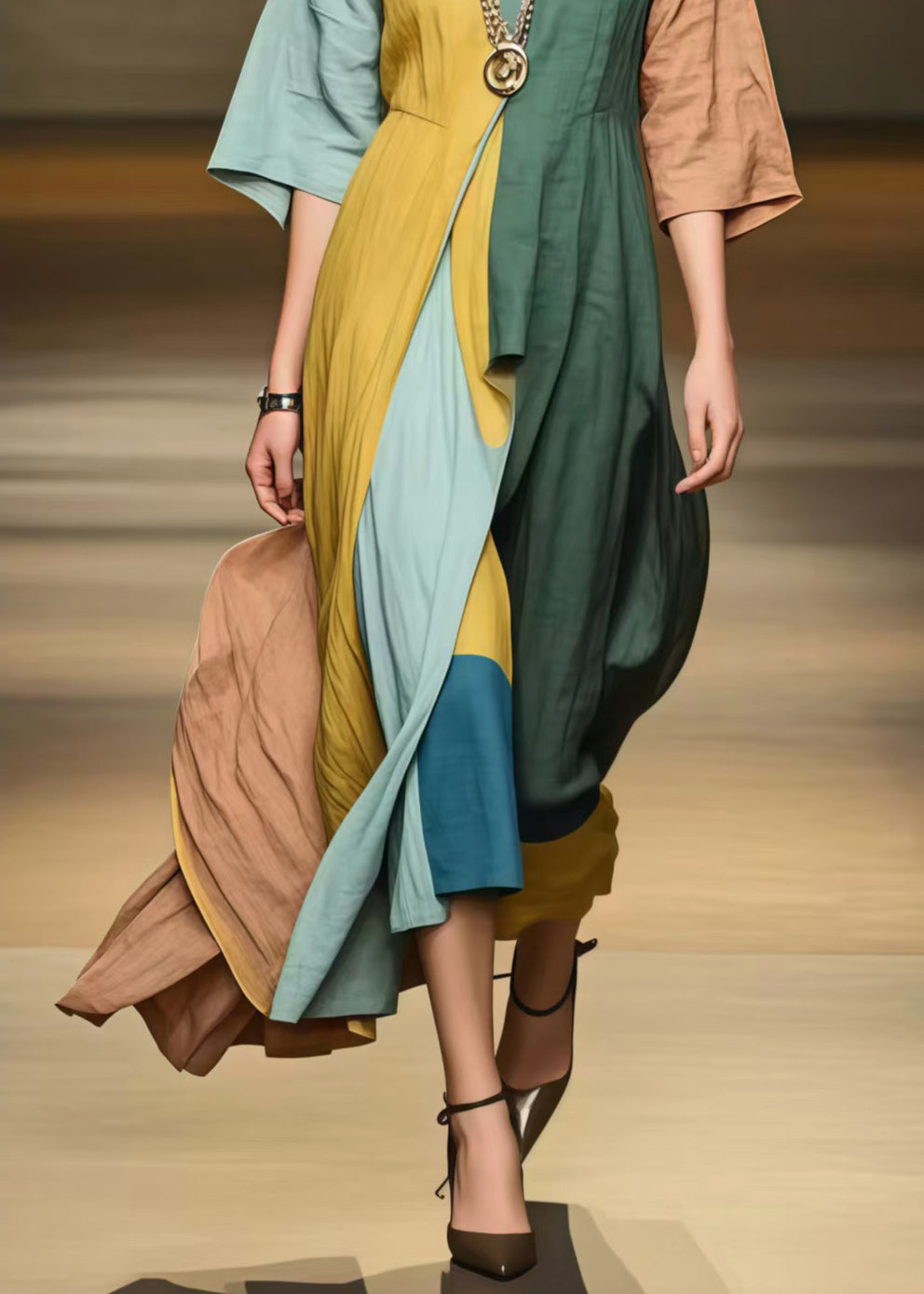 Ethnic Style Asymmetrical Patchwork Applique Cotton Long Dress Half Sleeve