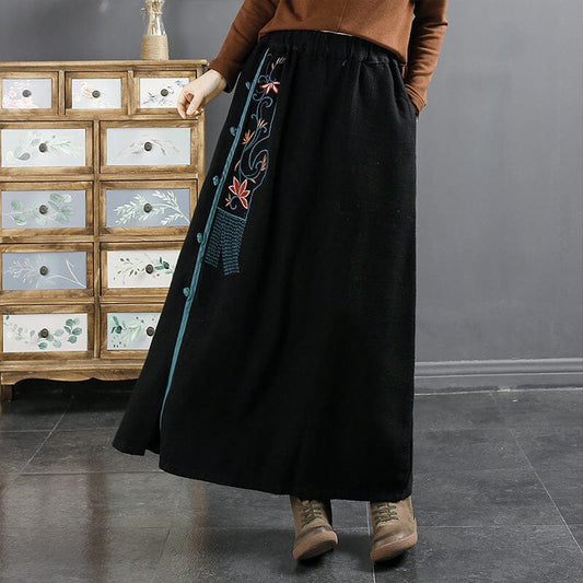 Autumn Retro Embroidery Linen A-Line Skirt