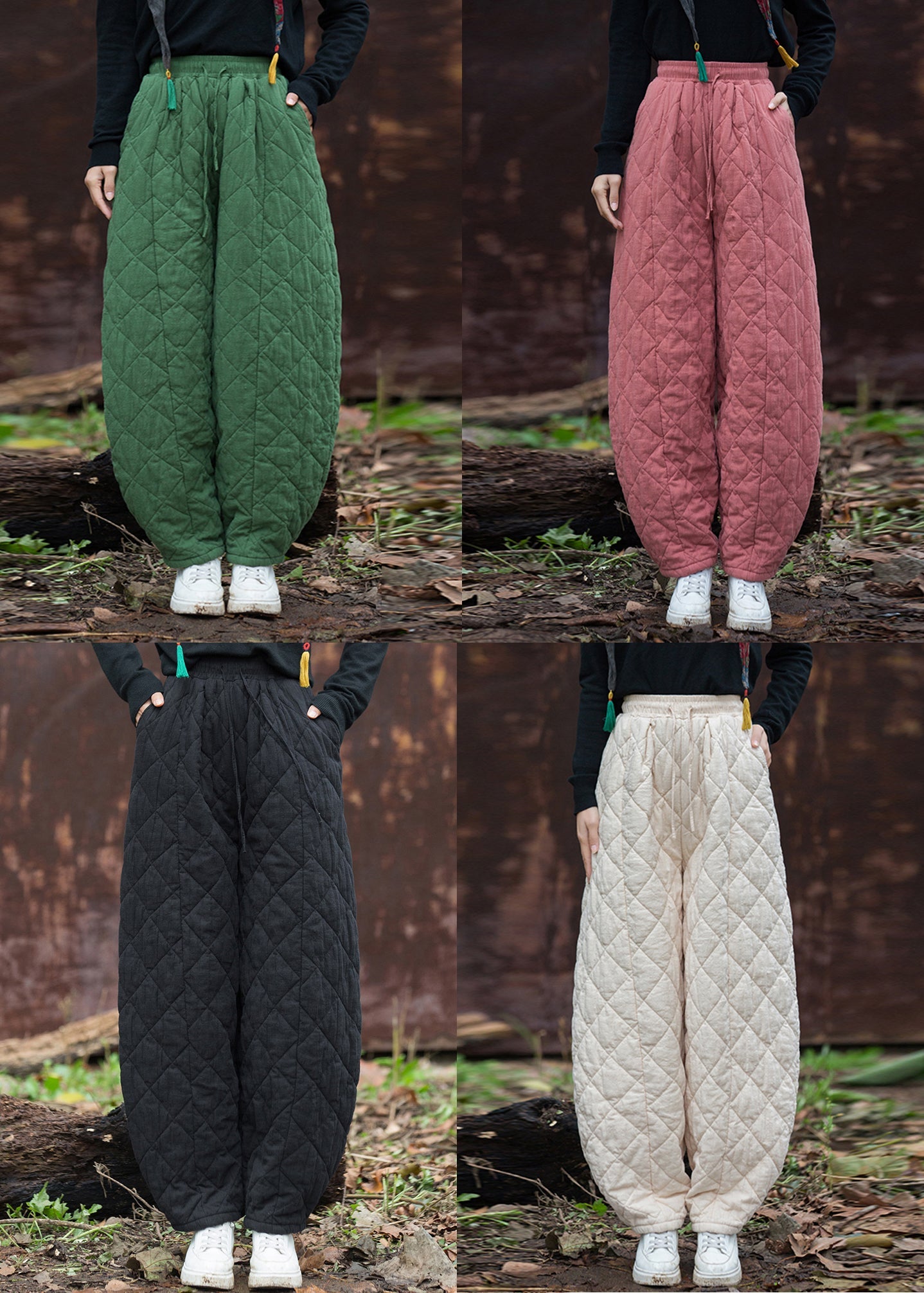 Beige Original Design Pockets Solid Cotton Filled Pants Elastic Waist