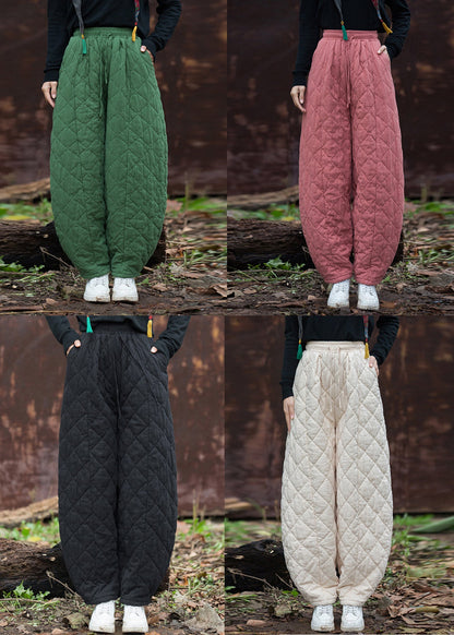 Beige Original Design Pockets Solid Cotton Filled Pants Elastic Waist