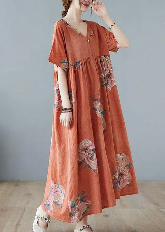 Chic Orange Red V Neck Patchwork Summer Ankle Dress Half Sleeve