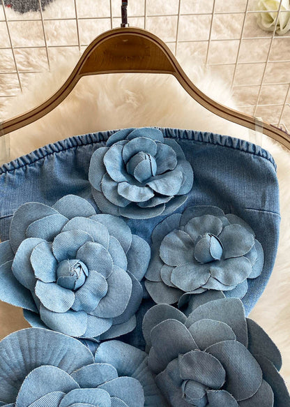 Sexy Blue Slash Neck Floral Denim Mid Dresses Summer