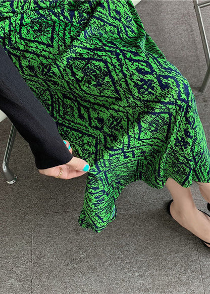 Women Green Elastic Waist Print Draping Silk Skirt Summer