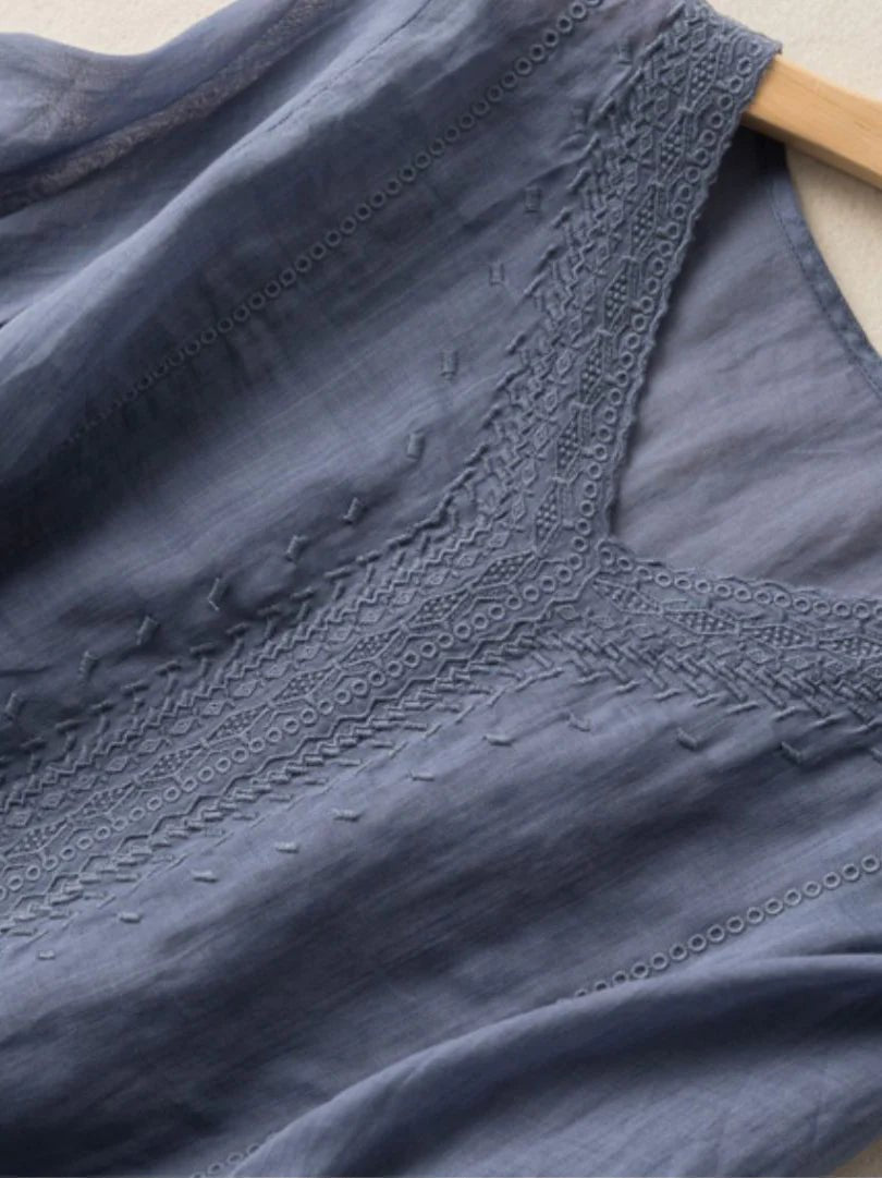 Solid Color V Neck Short Sleeve Casual Linen Top