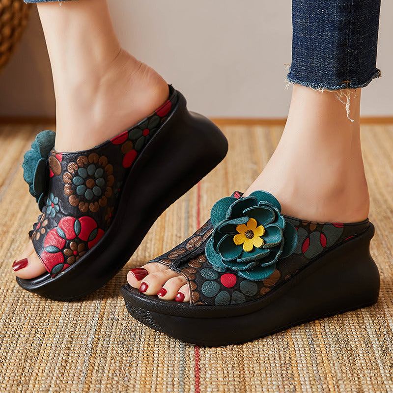 Women 2022 Leather Vintage Wedge Slippers