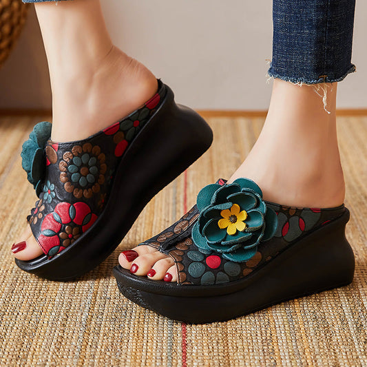 Women 2022 Leather Vintage Wedge Slippers