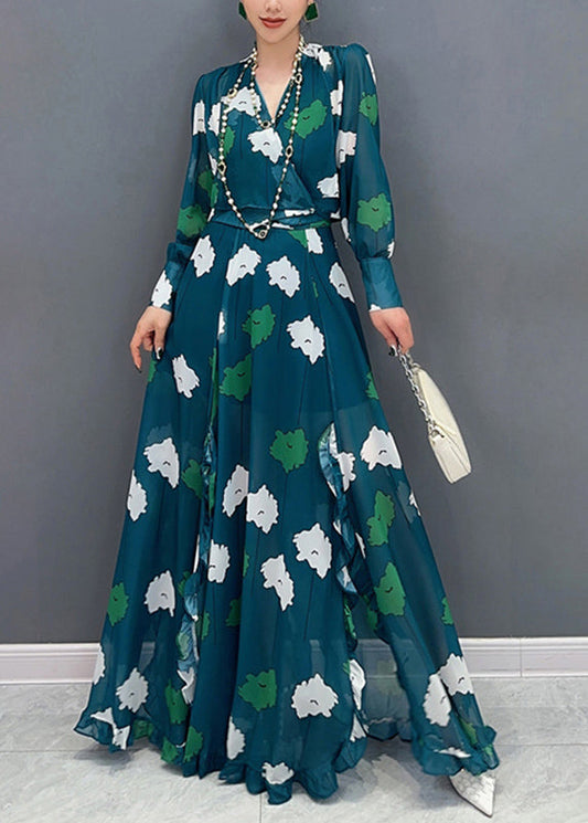 Modern Green V Neck Print Tunic Chiffon Top And Maxi Skirts Two Pieces Lantern Sleeve