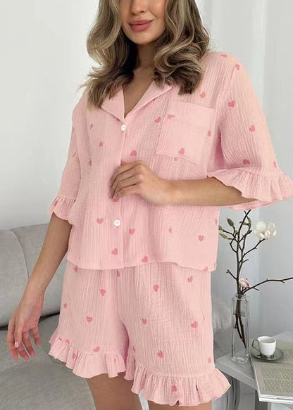 Fitted Pink Ruffled Love Print Cotton Women Pajama Sets 2 Pieces Summer