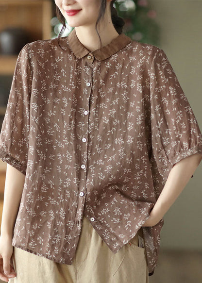 Coffee Linen Shirt Top Button Peter Pan Collar Half Sleeve