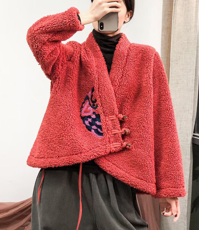 Ethnic Embroidered V-Neck Sherpa Wool Jacket