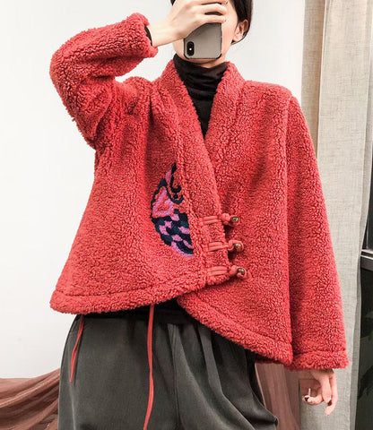 Ethnic Embroidered V-Neck Sherpa Wool Jacket