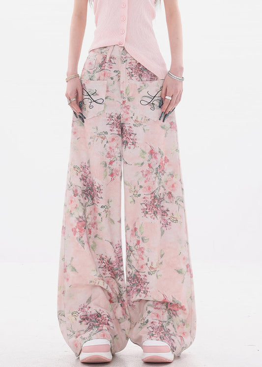 Chic Pink Print Pockets High Waist Denim Wide Leg Pants Fall