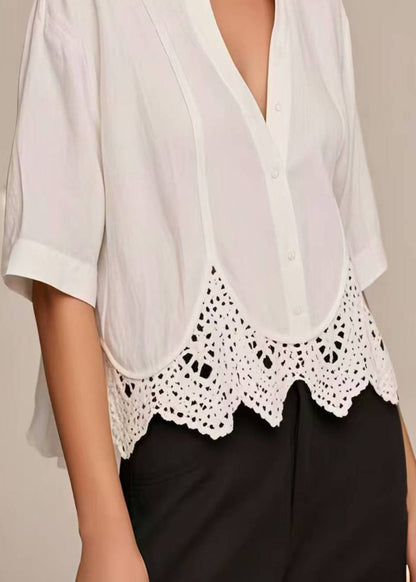 Casual White V Neck Patchwork Lace Short Shirt Summer