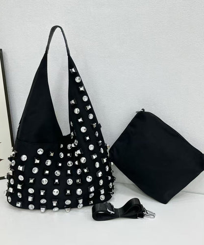 DIY Black Rhinestone Large Capacity Nylon Shoulder Bags