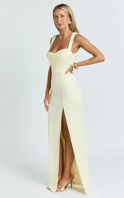 Donna Maxi Dress - Cowl Neck Column High Split Dress In Lemon