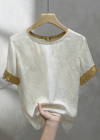 Jacquard Beige O Neck Button Patchwork Silk Shirt Summer