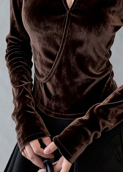 Floral Coffee O Neck Hollow Out Silk Velour T Shirt Top Winter
