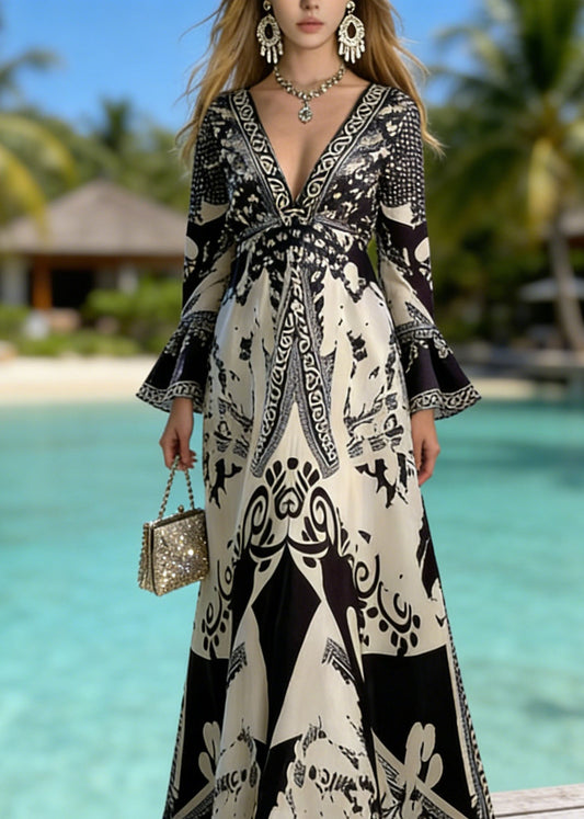 Fashion Black V Neck Print Holiday Dress Flare Sleeve
