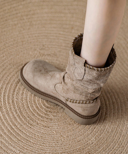 Women Khaki Suede Tassel Splicing Wrinkled Boots