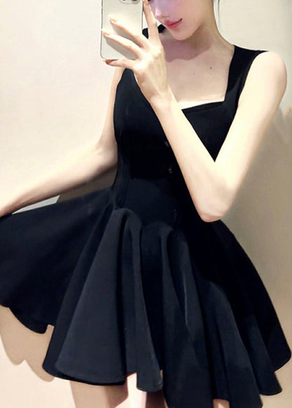 Black High Waist Solid Pleated Dress V Neck Summer