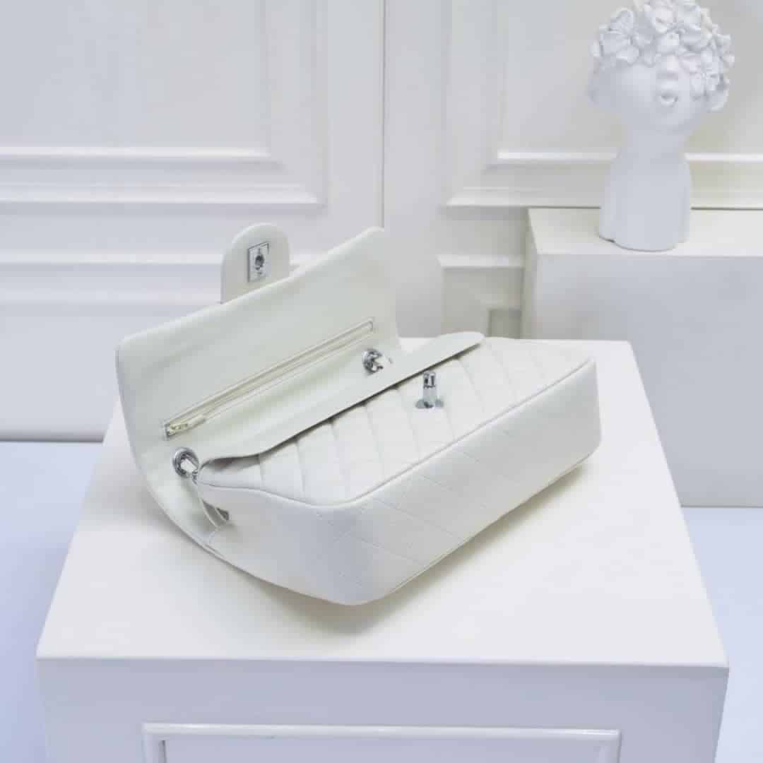 CHANEL CLASSIC DOUBLE FLAP BAG WHITE SILVER HARDWARE 25CM