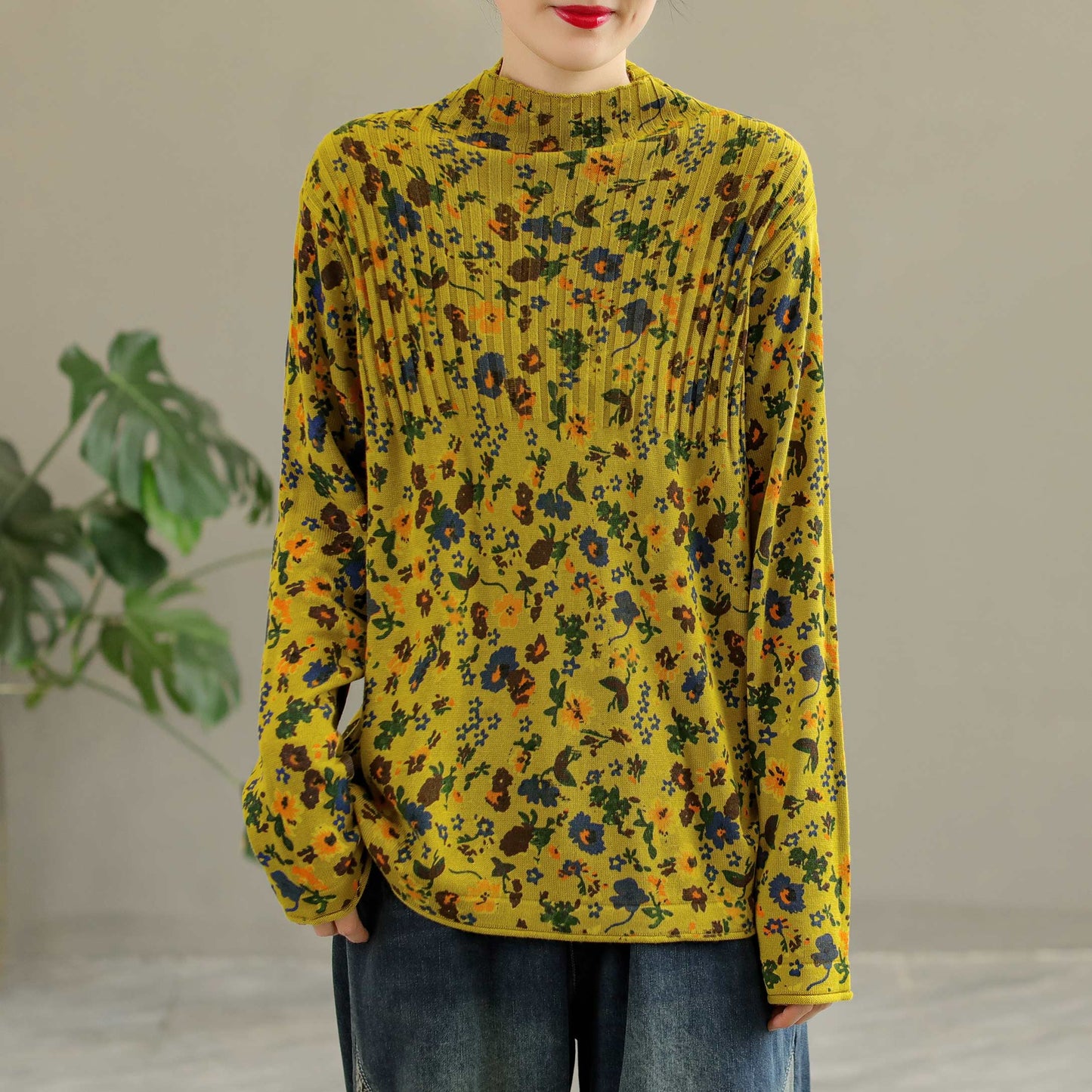 Women Retro Cotton High Collar Knitted Floral Sweater