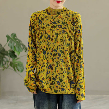 Women Retro Cotton High Collar Knitted Floral Sweater