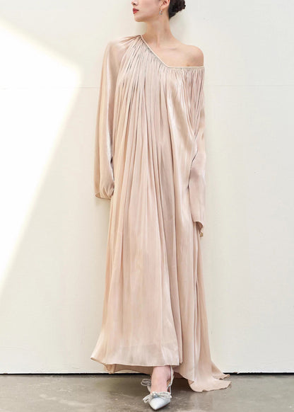 Elegant Pink V Neck Wrinkled Silk Maxi Dresses Fall