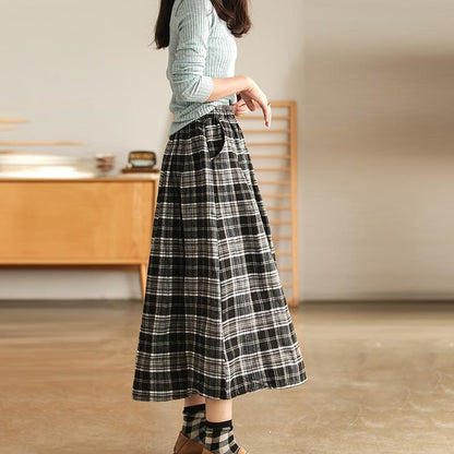 Women Plaid Pocket A-Line Vintage Elastic Waist Skirt