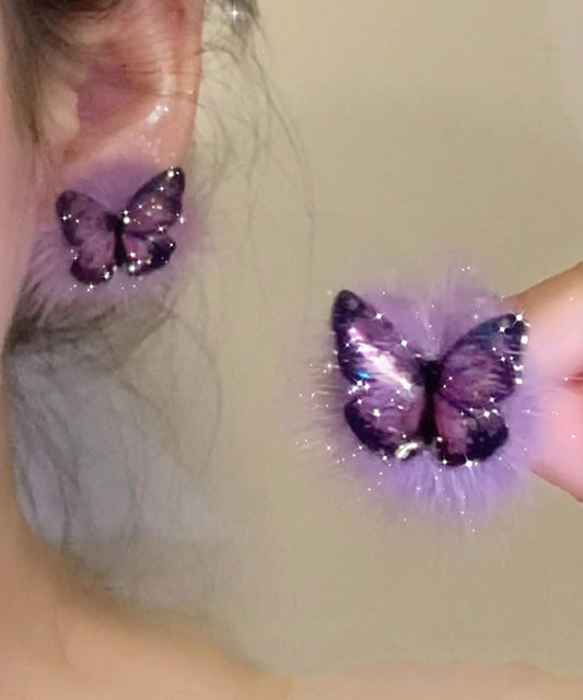 Chic Purple Sterling Silver Overgild Fuzzy Fur Fluffy Butterfly Stud Earrings
