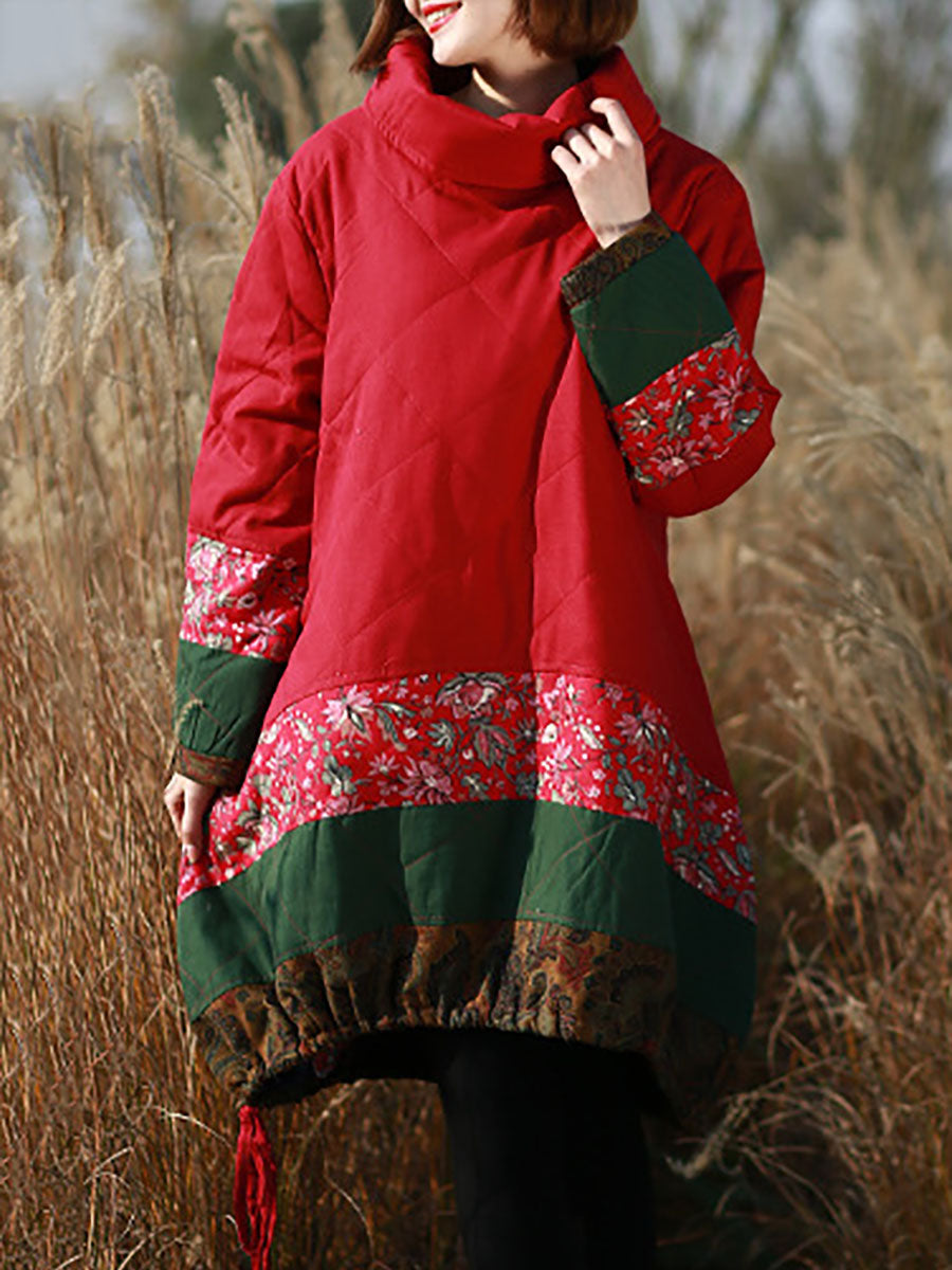 Women Winter Ethnic Patchwork Pocket Pullover Loose Coat