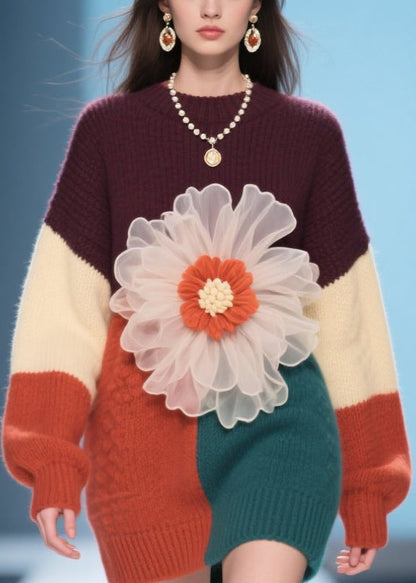 Boutique Colorblock O Neck Floral Knit Sweater Dress Fall