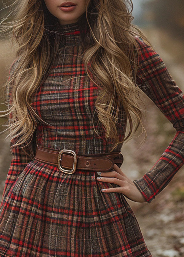 Bohemian Red Hign Neck Plaid Cotton Mini Dress Spring
